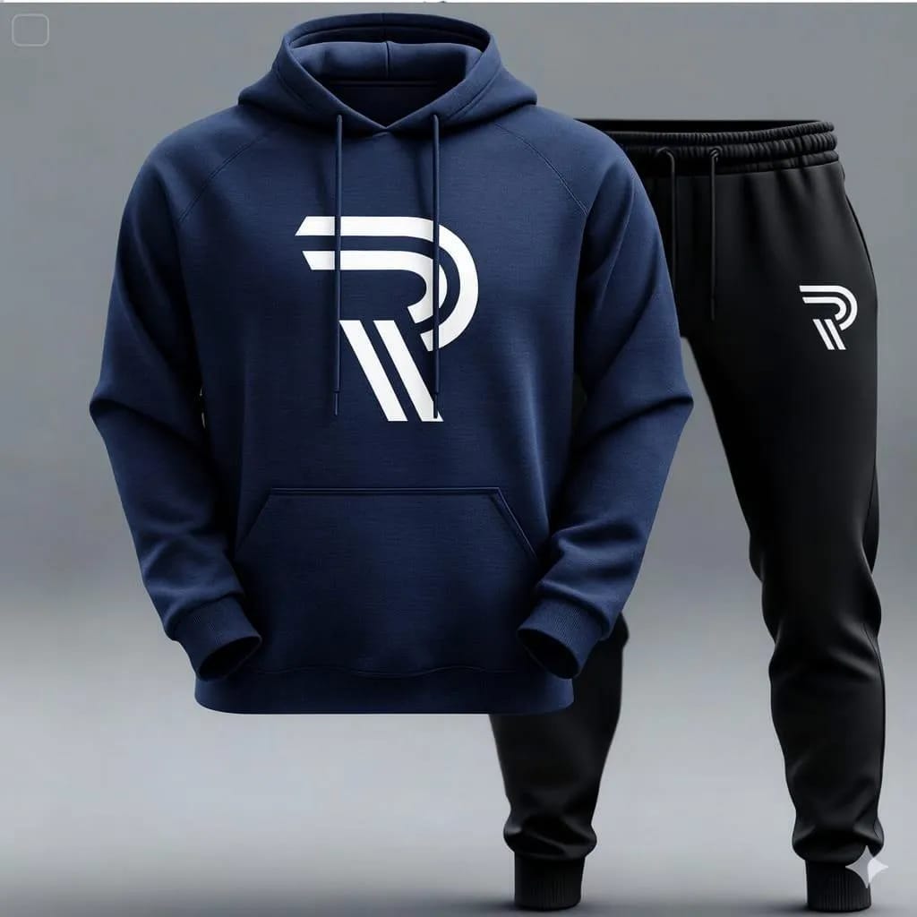 Contrast Navy Blue R Printed Hooded Tracksuit For Mens
