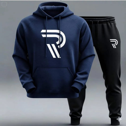 Contrast Navy Blue R Printed Hooded Tracksuit For Mens